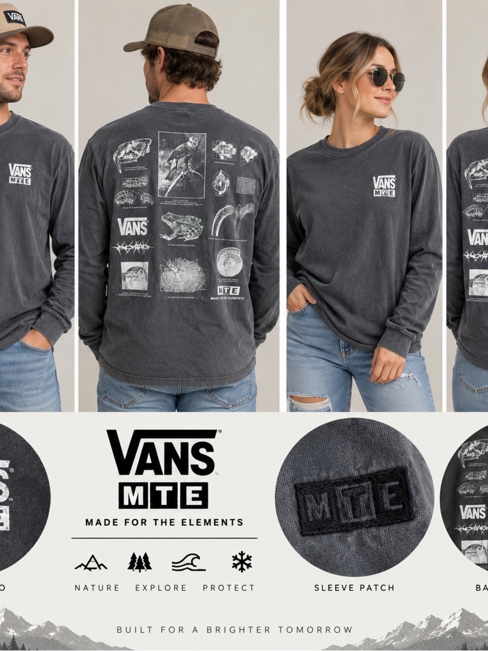 Vans MTE Men’s Small Long Sleeve Graphic Shirt Gray Nature Science Outdoor